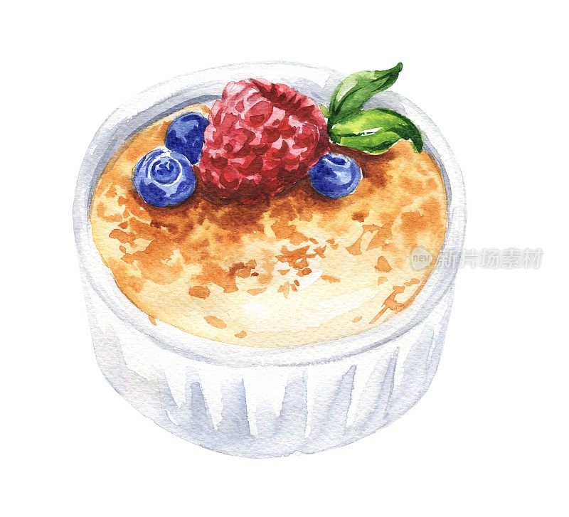 Watercolour crème brûlée french dessert. Food illustration.